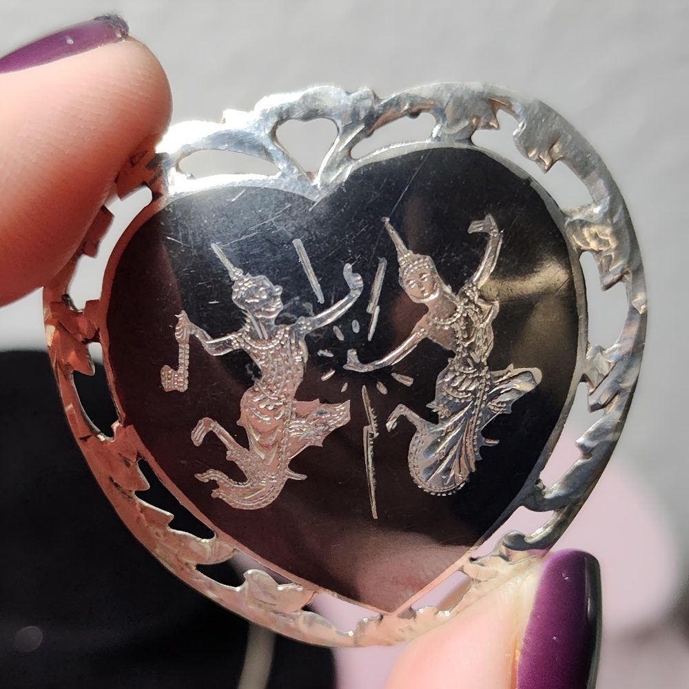 Antique Siam Nielloware Heart Brooch Pin w/ Ornate Diamond cutout edging - Picture 3 of 11